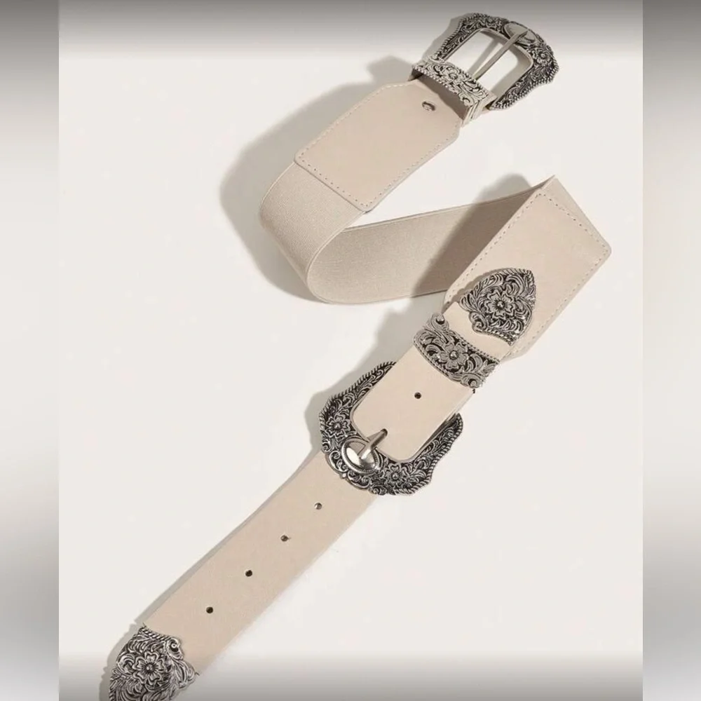 Elegant Cream Belt with Silver Buckles